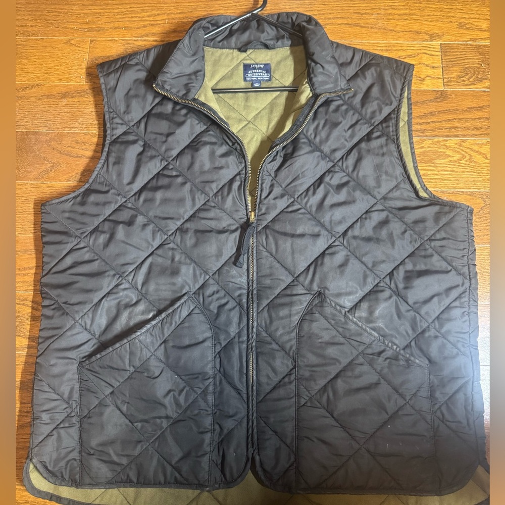 J. Crew Black Quilted Walker Vest with Olive Lining